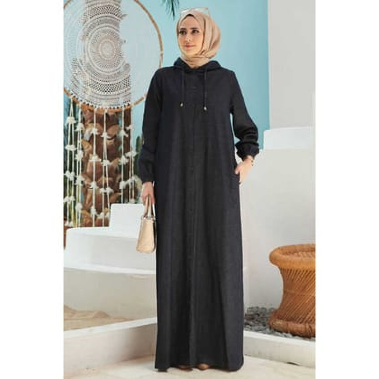 6494-Denim Kapşonlu Düğmeli Ferace Lacivert 6494-Denim Kapşonlu Düğmeli Ferace Lacivert