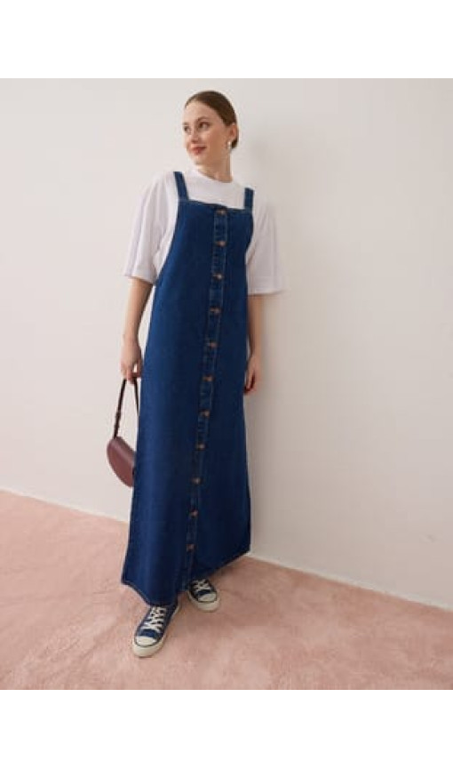 Pamuklu Denim Jile Elbise - Mavi - Benin