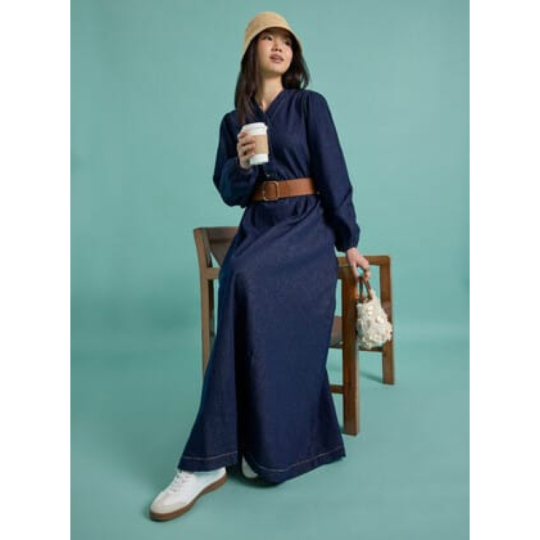 V Yakalı Denim Tesettür Elbise - Lacivert - Benin