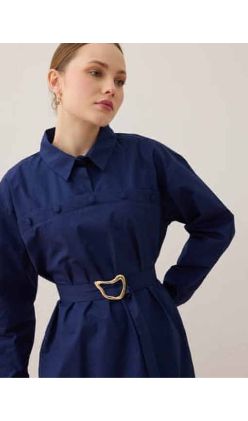 Poplin Kumaşlı Düğme Detaylı Tesettür Elbise - Lacivert - Benin Exclusive