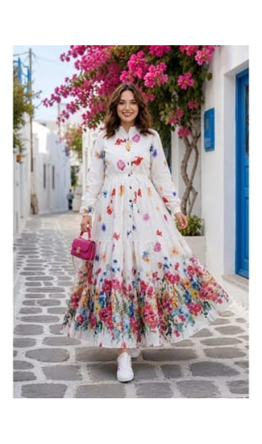 Kadın Düğmeli Çiçek Desenli Modal Beyaz Elbise