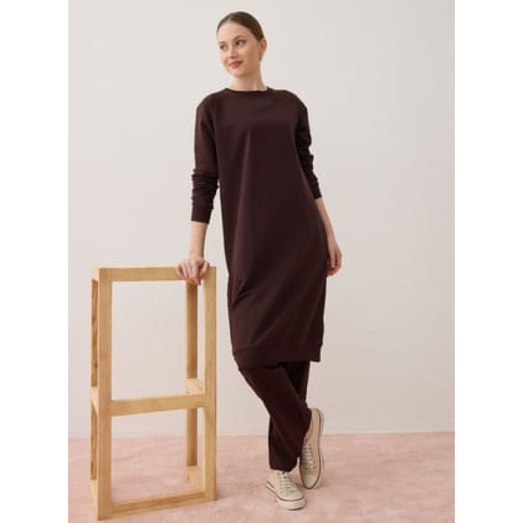 Basic Bisiklet Yaka Reglan Kollu Uzun İkili Eşofman Takımı- Kahverengi - Benin