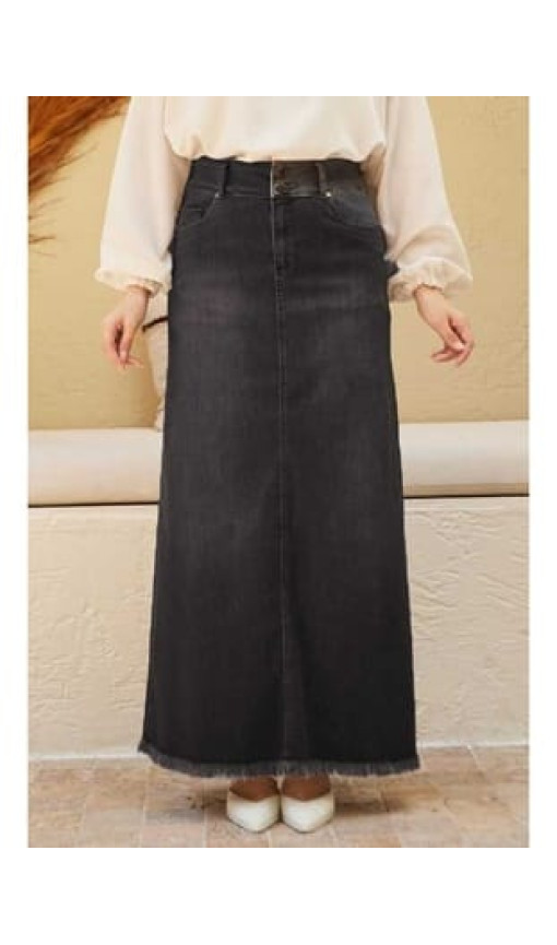 2252-Denim Püsküllü Etek Füme