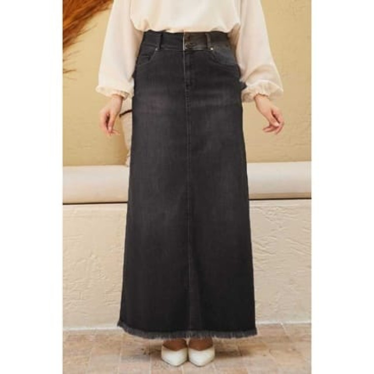 2252-Denim Püsküllü Etek Füme