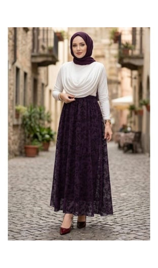 Flok Baskılı Astarlı Çiçek Desenli Tül Etek Mürdüm HM2902