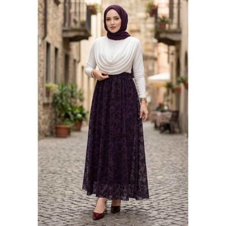 Flok Baskılı Astarlı Çiçek Desenli Tül Etek Mürdüm HM2902