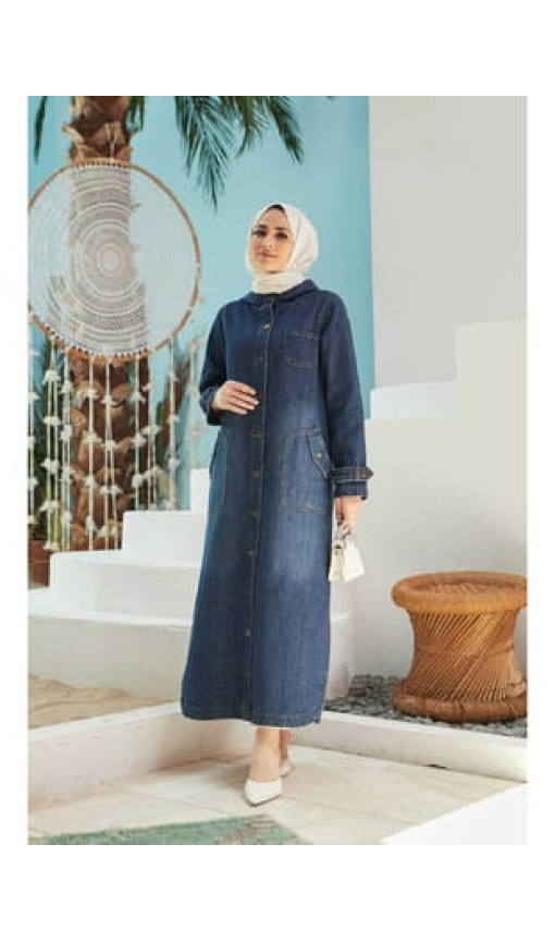 6329-Denim Kapşonlu kap Koyu Mavi