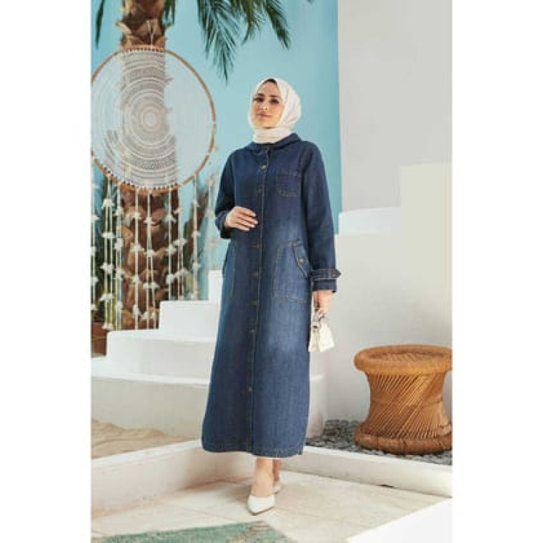 6329-Denim Kapşonlu kap Koyu Mavi 6329-Denim Kapşonlu kap Koyu Mavi
