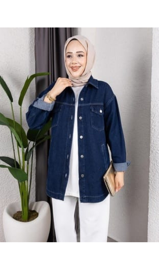 Kadın Yıkamalı Cepli Denim Kot Lacivert Ceket