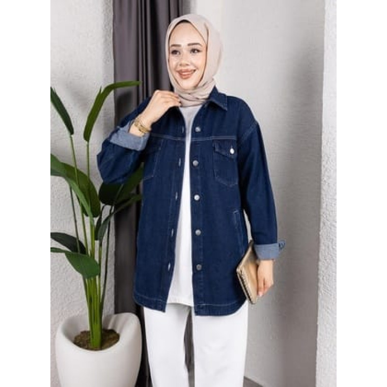 Kadın Yıkamalı Cepli Denim Kot Lacivert Ceket