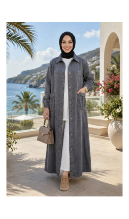 Kadın Düğmeli Cepli Gri Denim Kot Kap