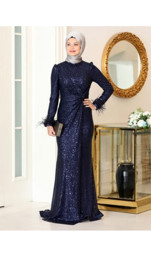 Hüma Payet Tesettür Abiye Elbise - Lacivert - Azra Design Hüma Payet Tesettür Abiye Elbise - Lacivert - Azra Design