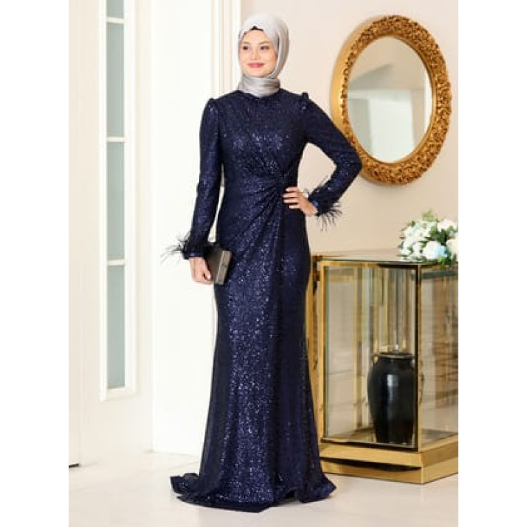 Hüma Payet Tesettür Abiye Elbise - Lacivert - Azra Design Hüma Payet Tesettür Abiye Elbise - Lacivert - Azra Design