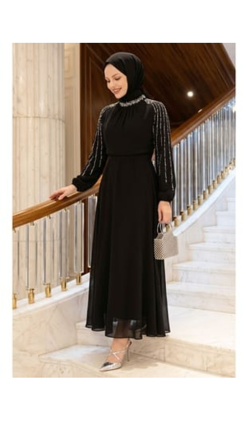 Kolları Taşlı Pullu Siyah Şifon Abiye Kolları Taşlı Pullu Siyah Şifon Abiye